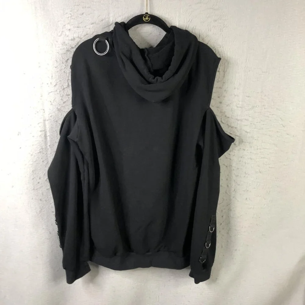 LF The Brand Hoodie Womens S Black Cold Shoulder Straps Punk Gothic Streetwear - Picture 2 of 12